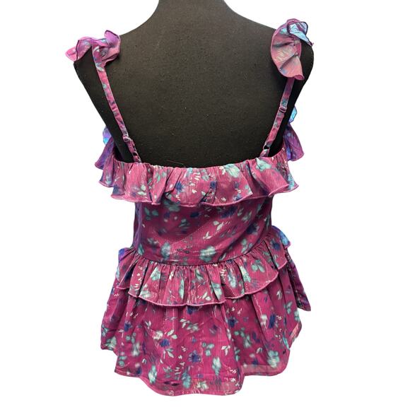 French Connection Aden Bai Floral Ruffle Peplum Tank Blouse Sz 4 Purple Feminine - Picture 2 of 5